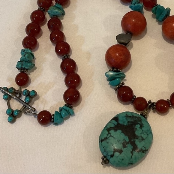 ARTISAN Necklace Handmade Turquoise Carnelian Coral Sterling Silver - Picture 2 of 10